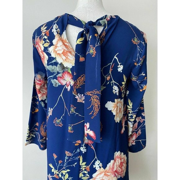 River Island Navy Blue Floral Long Sleeve Dress Size 10 Neck Hollow Bow Tie Back - Picture 5 of 9